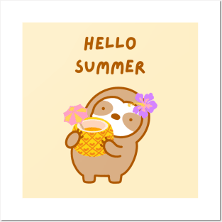 Hello Summer Pineapple Drink Sloth Posters and Art